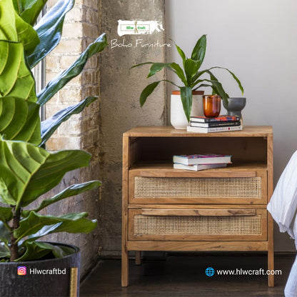 Segun Wood + Cane Bed Side Table CF02